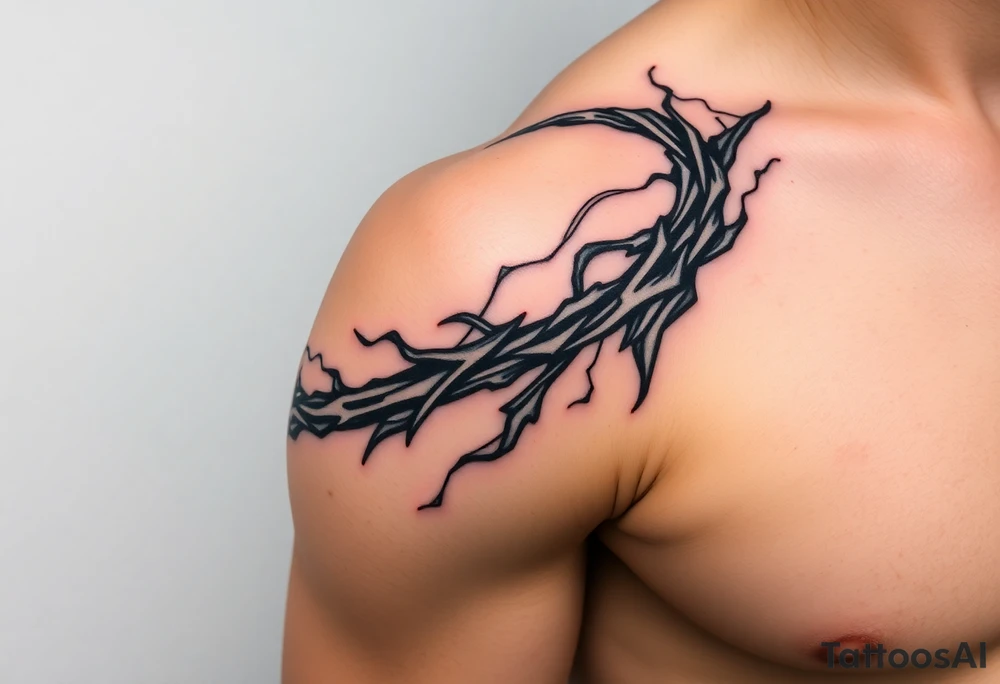 I want a tattoo inspired by the character Izuku midorya from my hero academia. I want his black whip and lighting across my bicep, shoulder and leading slightly to my traps. I want it to be sharp. Not lacking or cringy. Sharp. I don’t want the character or the characters arm. I want the black whip and lighting. tattoo idea