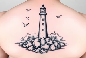 Lighthouse surrounded by boulders in the sea with high waves and seagulls flying around tattoo idea