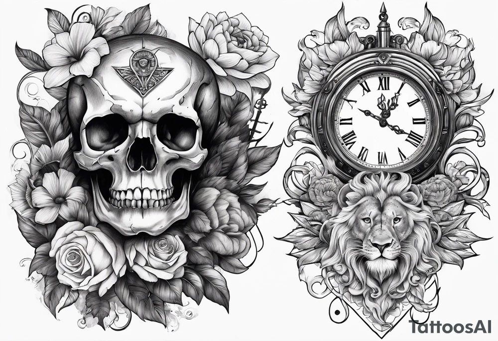 skull, lion, clock, flower, trident, anchor, tattoo idea