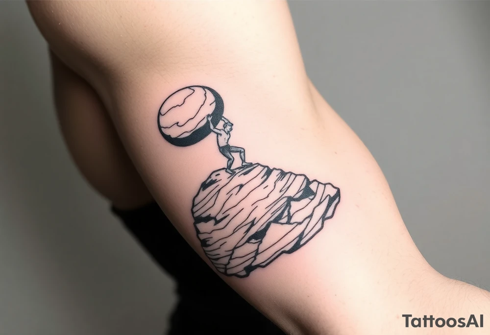 A man pushing a boulder up a spiraling hill going around my upper arm. I want the words “one must imagine Sisyphus happy” somewhere on my arm tattoo idea