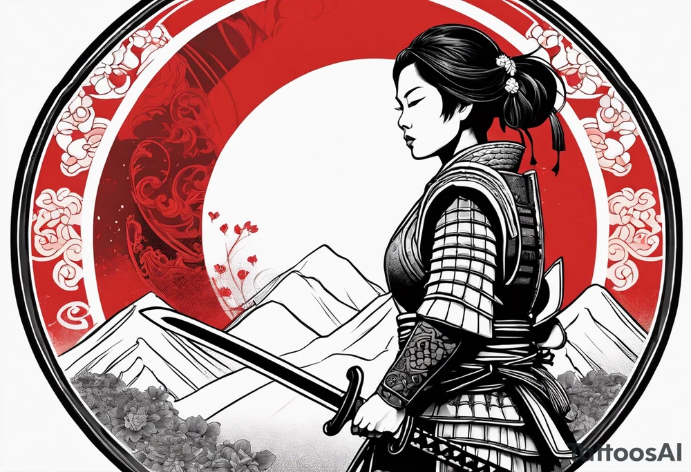 3 female samurai in body armor wielding swords back facing, in front of a red incomplete circle tattoo idea