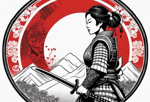 3 female samurai in body armor wielding swords back facing, in front of a red incomplete circle tattoo idea