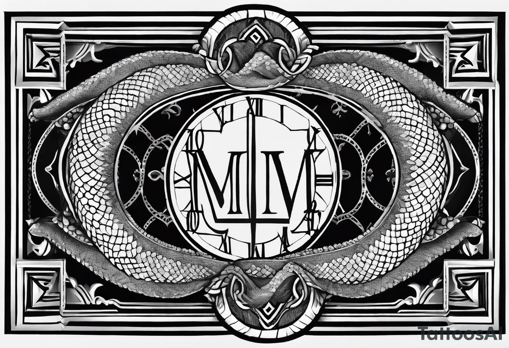 Patch of snake scales with roman numerals going vertical along edges tattoo idea
