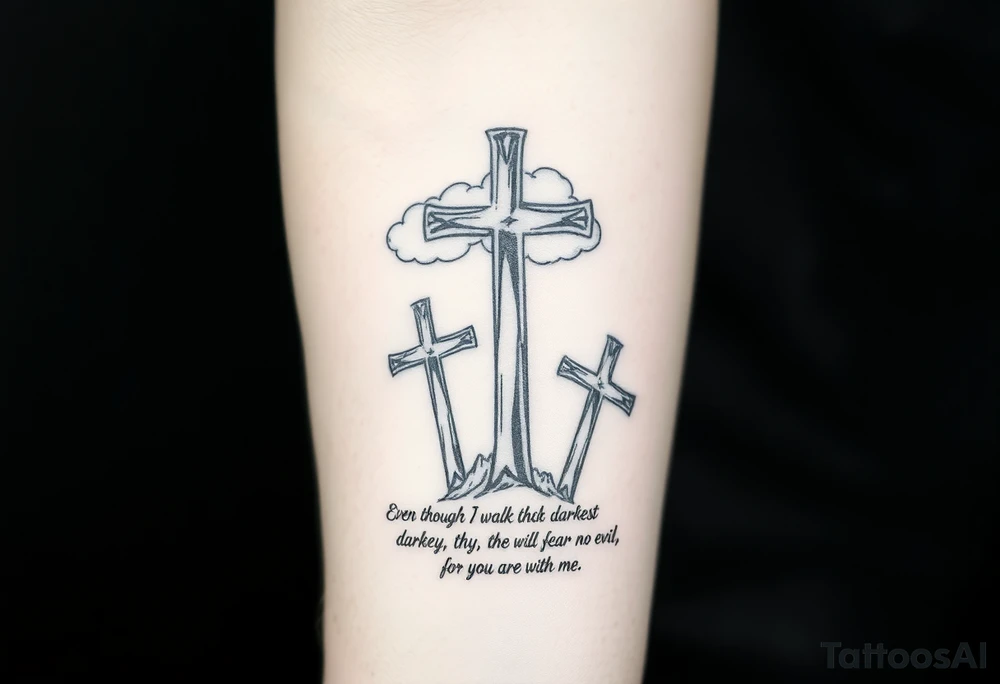 3 large crosses, clouds, even though I walk through the darkest valley, I will fear no evil, for you are with me tattoo idea