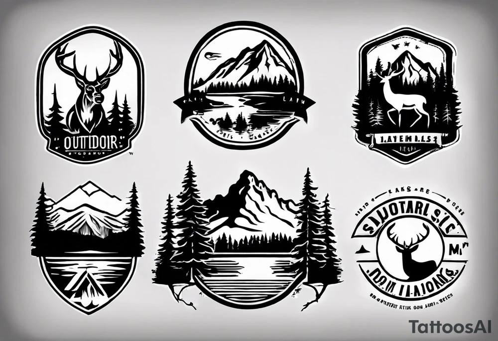 A logo for an outdoors company that includes an "S" and an "M". Includes a mountain, a lake, some trees, and a deer tattoo idea