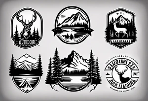 A logo for an outdoors company that includes an "S" and an "M". Includes a mountain, a lake, some trees, and a deer tattoo idea