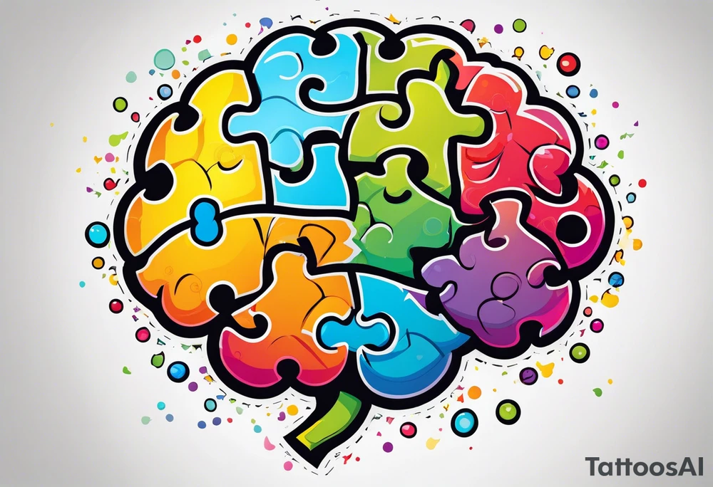 Colorful brain with two eyes made of puzzle pieces tattoo idea
