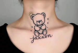 a playful teddy bear with sunshine and the name jaxxon tattoo idea