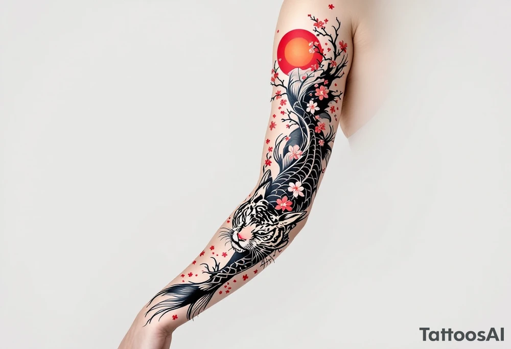 Full arm sleeve, Koi fish, tiger, the sun, cherry blossom filler tattoo idea