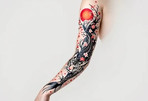 Full arm sleeve, Koi fish, tiger, the sun, cherry blossom filler tattoo idea