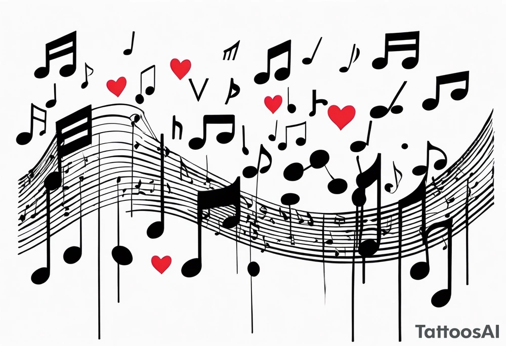 music notes and hearts with balloons tattoo idea