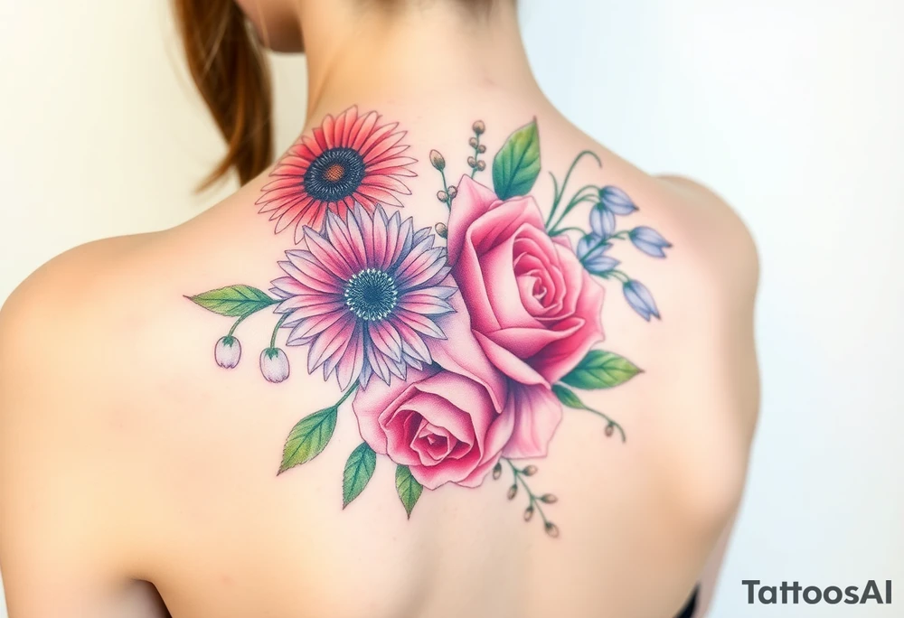 Bouquet of flowers with a aster, carnation, rose, Lily of the valley, delphinium with stems Starting upper middle back to right shoulder tattoo idea