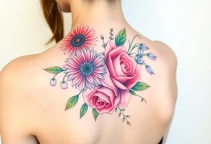 Bouquet of flowers with a aster, carnation, rose, Lily of the valley, delphinium with stems Starting upper middle back to right shoulder tattoo idea
