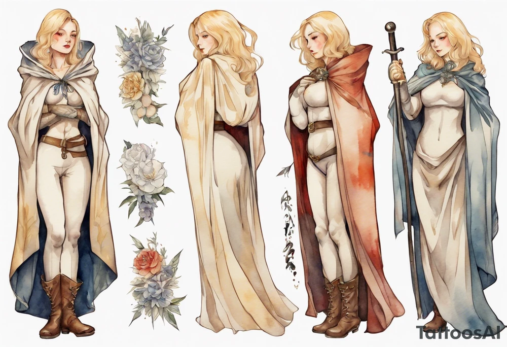 motherly blonde woman wearing white medieval cloak and boots tattoo idea