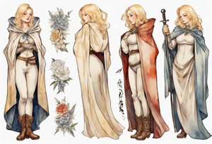 motherly blonde woman wearing white medieval cloak and boots tattoo idea