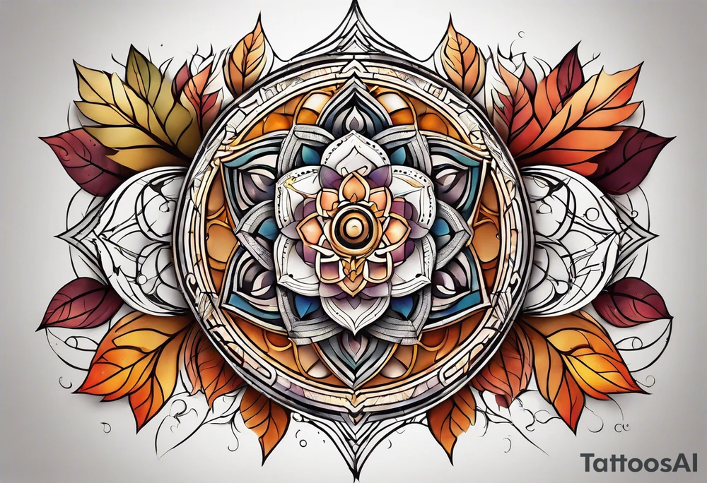 front knee tattoo with sacred geometry, swirls & washes, background and in fall colors tattoo idea