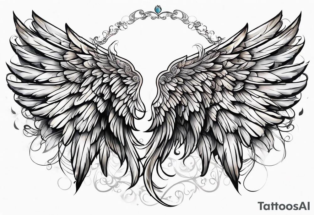 beautiful angel wings. with flilgree in the background tattoo idea