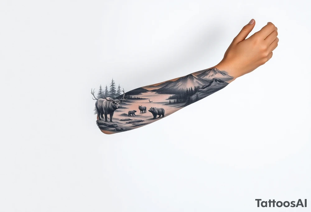 A full-sleeve with the Härjedalen landscape, reindeer, bear, lakes, mountains (Helags), tattoo idea