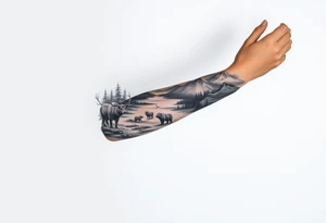 A full-sleeve with the Härjedalen landscape, reindeer, bear, lakes, mountains (Helags), tattoo idea