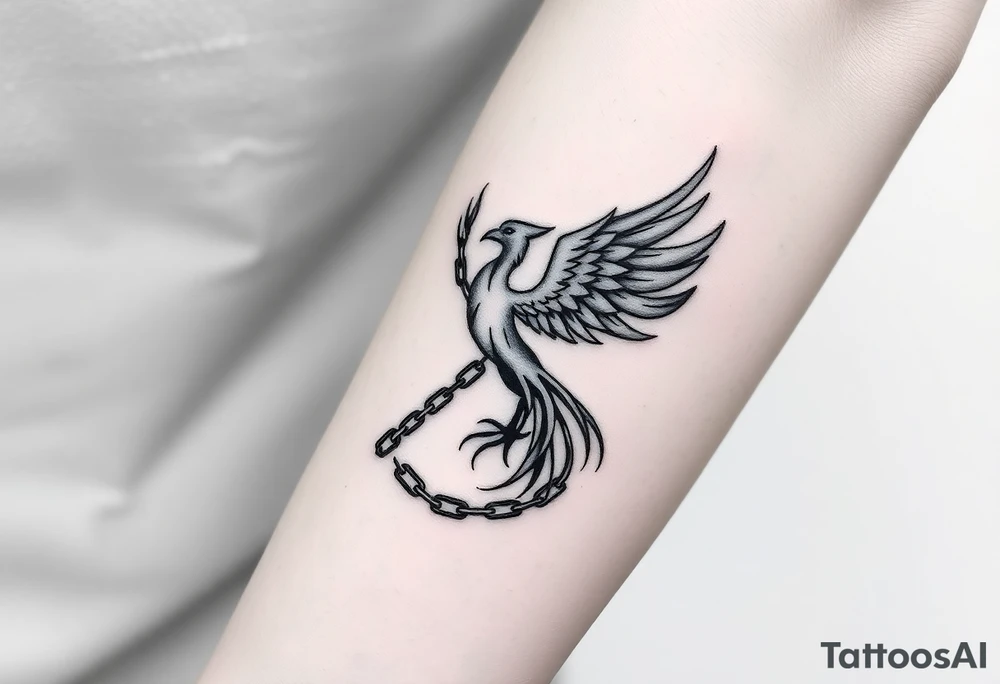 Design a minimalist tattoo: a phoenix or tree breaking chains, symbolizing freedom from addiction and rebirth. Include dates 21.02 and 22.02 subtly. Emphasize self-love, dignity, and inner strength. tattoo idea