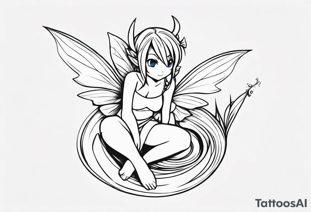 A fairy with a tail inspired by the logo of the show called Fairy Tail in a fetal position leaning in tattoo idea