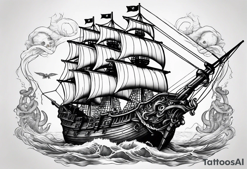 pirate ship with large skull for the bow of the ship being eaten by a kraken tattoo idea