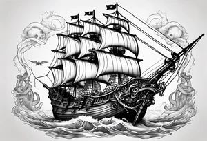 pirate ship with large skull for the bow of the ship being eaten by a kraken tattoo idea