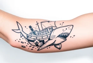 Underwater sinking ship treasure chest shark tattoo idea