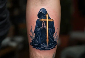 A Reaper kneeling in prayer, cloaked in deep navy blue with a glowing golden cross on the back. tattoo idea
