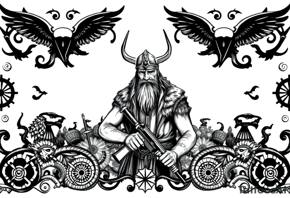 A Viking in the battlefield surrounded by Viking symbols and patterns. Hidden in the patterns is an Australian army rifle and slouch hat. tattoo idea