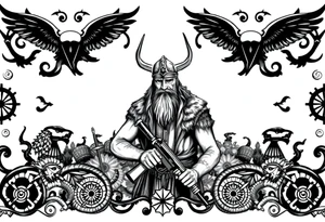 A Viking in the battlefield surrounded by Viking symbols and patterns. Hidden in the patterns is an Australian army rifle and slouch hat. tattoo idea