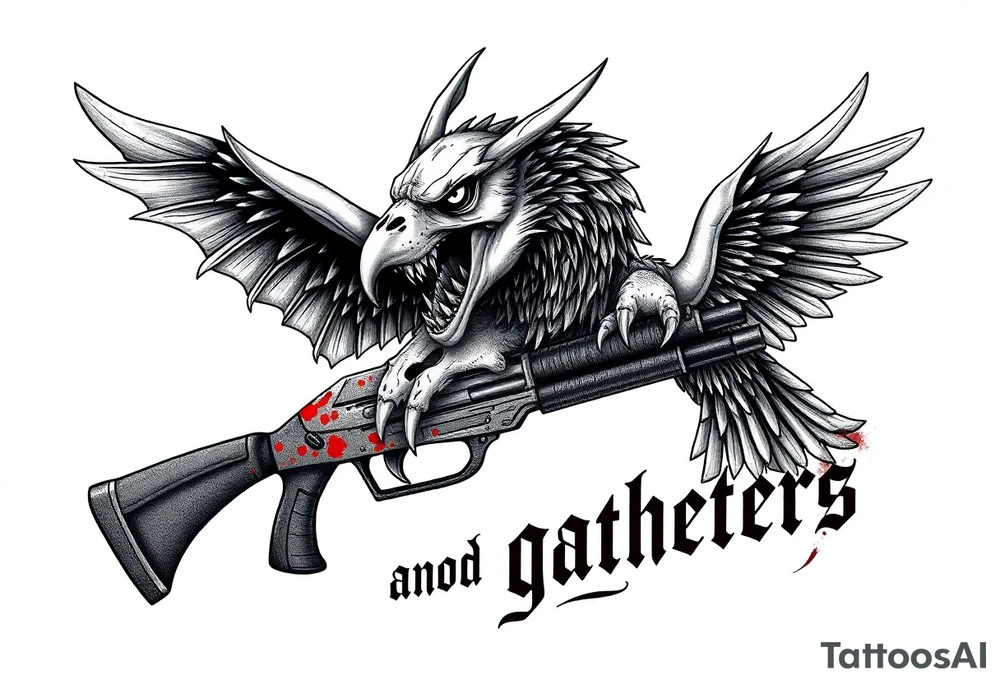 Rabid demon wolf dragon eagle skull on standing futuristic gun hatchet "hunters and gatherers"written in bloody olde English tattoo idea