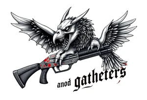 Rabid demon wolf dragon eagle skull on standing futuristic gun hatchet "hunters and gatherers"written in bloody olde English tattoo idea