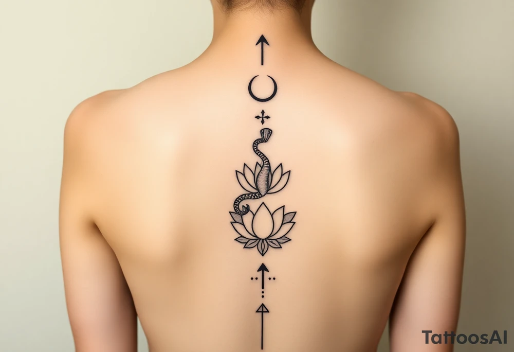 Ultra-high-definition, 
 
Tattoo Description (Very Important)

A fine-line black ink vertical spine tattoo, perfectly centered and symmetrical, running from upper back to lower back:

At the top (just below the neck):
A small upward-pointing arrowhead, minimal and sharp.

Below it:
A crescent moon, thin and elegant, facing upward.

Beneath the moon:
A small star / celestial cross with delicate points.

Below that:
A coiled viper, minimalistic and clean, facing upward, compact coils (tattoo-friendly, not aggressive).

Below the snake:
Another small celestial star marker, aligned vertically.

Center of the back:
A detailed lotus flower, symmetrical petals, fine-line botanical style, calm and balanced.

Below the lotus:
Small ornamental dots and geometric accents, maintaining vertical flow.

At the bottom (lower back):
A final upward-pointing arrow, thin, precise, completing the vertical line.


Tattoo style: fine-line, minimalist, sacred geometry / celestial, crisp edges, high clarity, no blur.


---

Quality & Output Settings

Resolution: Ultra HD / poster-print quality

Sharp focus across entire back and tattoo

Natural skin texture preserved

No distortion, no fantasy elements

Clean, elegant, gallery-ready realism tattoo idea