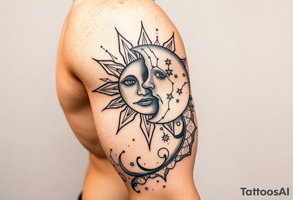 celestial sun and moon embrace with constellation patterns tattoo idea