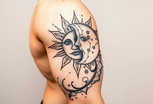 celestial sun and moon embrace with constellation patterns tattoo idea