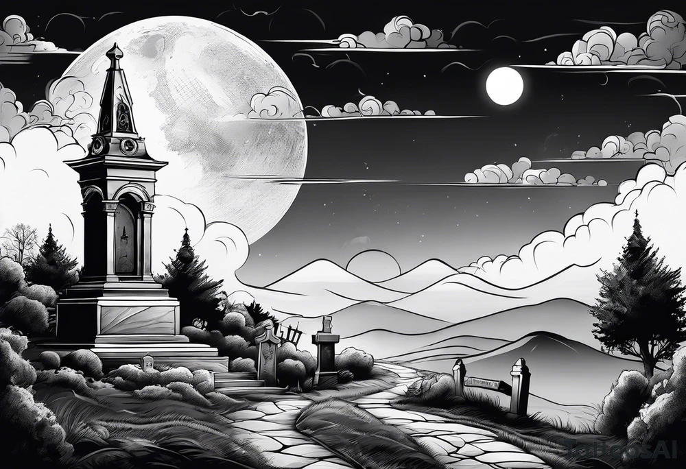Cemetery on hills with smoke and moon tattoo idea
