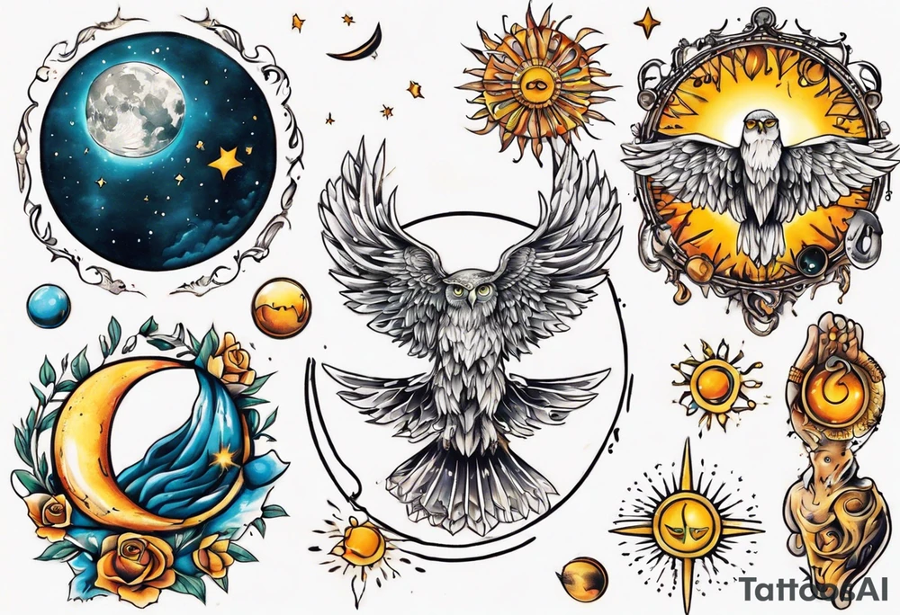 Mond und Sonne mit Eule und Wassermann und Berlin tattoo idea