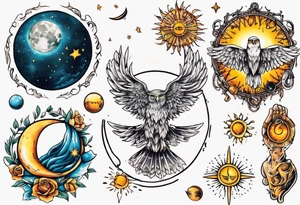Mond und Sonne mit Eule und Wassermann und Berlin tattoo idea