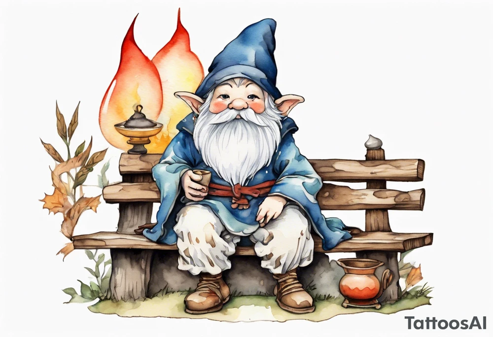 a mushroom gnome
wearing a medieval tunic sitting on a bench by a fireplace drinking from a wood cup, happy tattoo idea