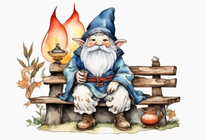 a mushroom gnome
wearing a medieval tunic sitting on a bench by a fireplace drinking from a wood cup, happy tattoo idea