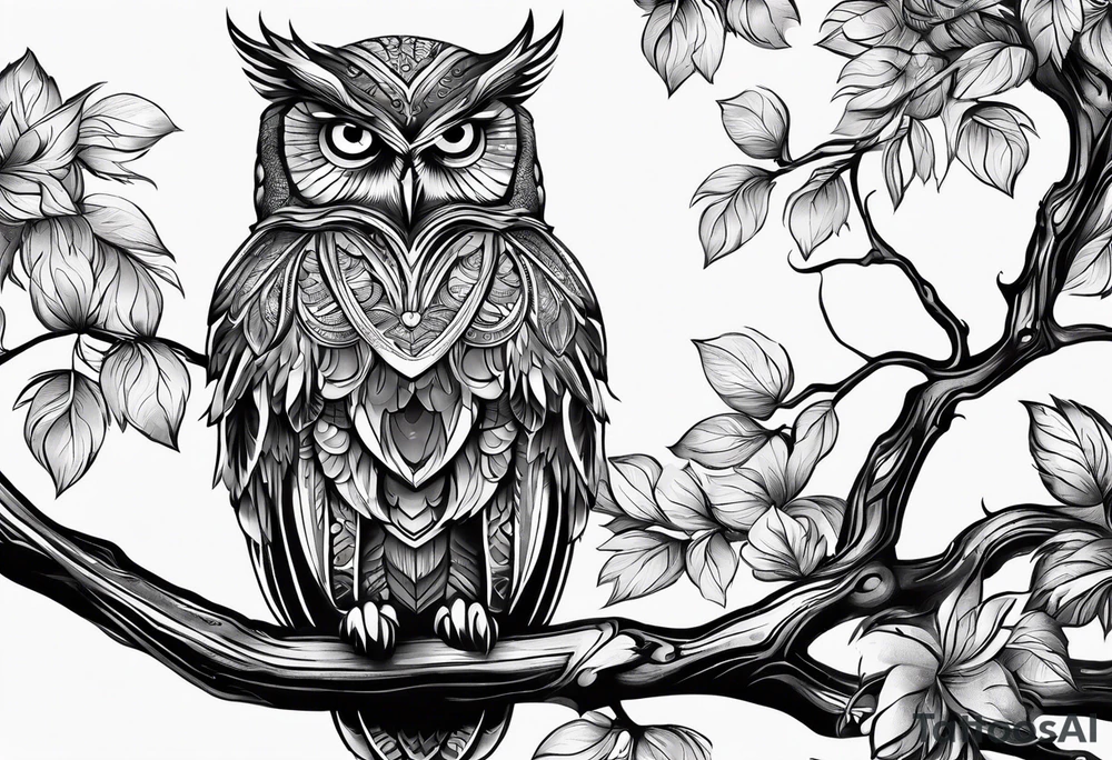 “A wise owl perched on a branch, with large, expressive eyes and intricate feather patterns, representing wisdom tattoo idea