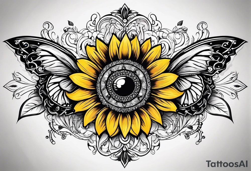 Arm sleeve with Winged cross with sunflower and butterflies tattoo idea