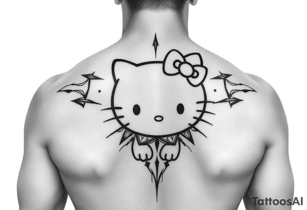 white background, cyber sigilism art / neo primal inspired hello kitty tattoo idea