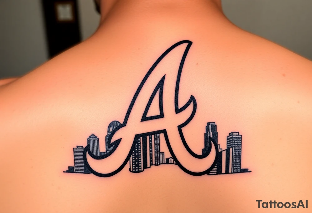 Atlanta Braves letter logo “A” overlapping the Atlanta skyline in the back going upward. More height than width. The buildings are concise and jam packed parallel to the logo. tattoo idea