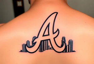 Atlanta Braves letter logo “A” overlapping the Atlanta skyline in the back going upward. More height than width. The buildings are concise and jam packed parallel to the logo. tattoo idea