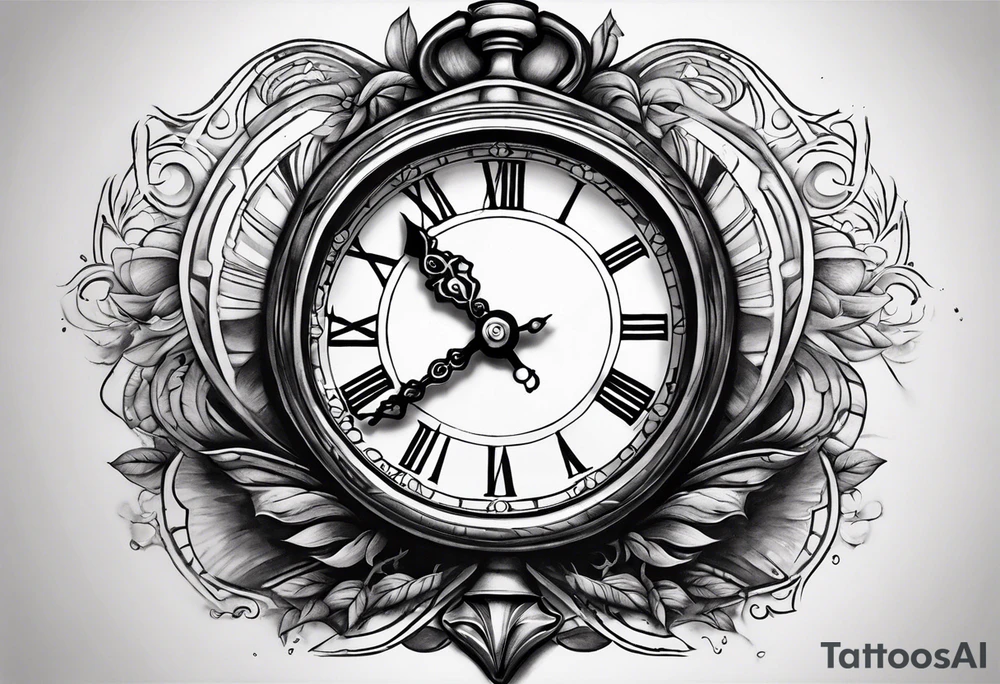 draws a clock which is mixed with an hourglass. they are surrounded by Roman numerals. it is a black and white tattoo for the right shoulder of a man tattoo idea