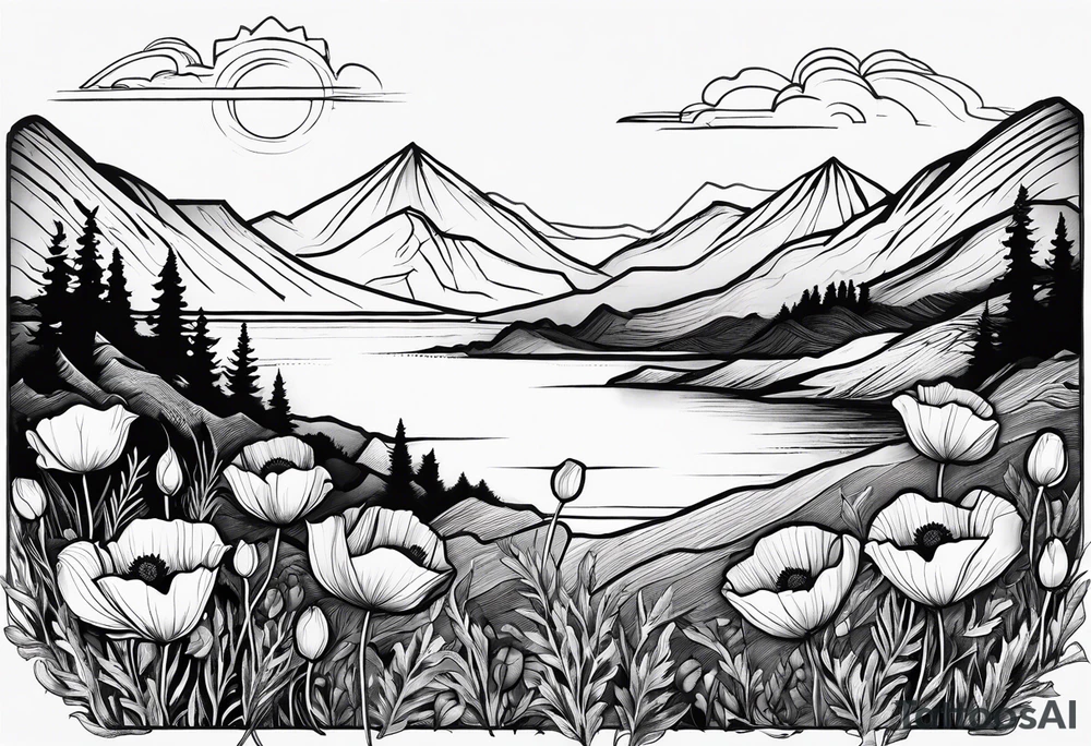 small poppy flower with mountains above it and the ocean below it tattoo idea