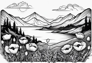 small poppy flower with mountains above it and the ocean below it tattoo idea