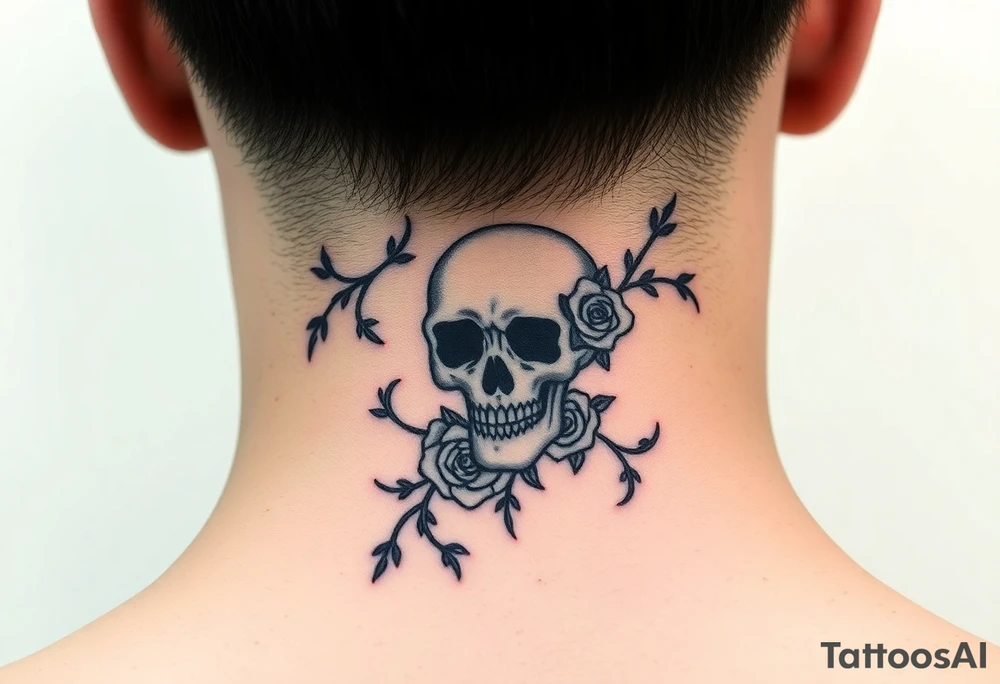 gothic skull intertwined with climbing roses and thorny vines tattoo idea